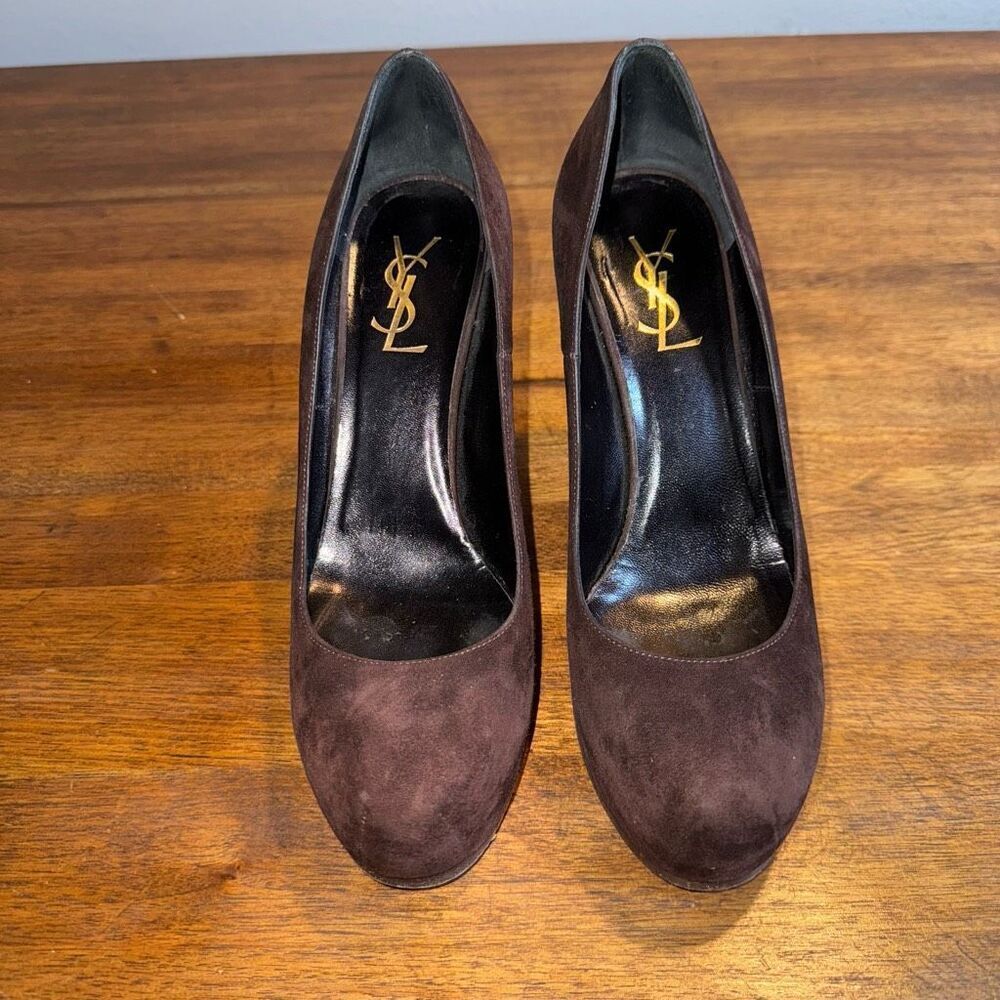 Saint Laurent Brown‎ Suede Tribtoo Pumps